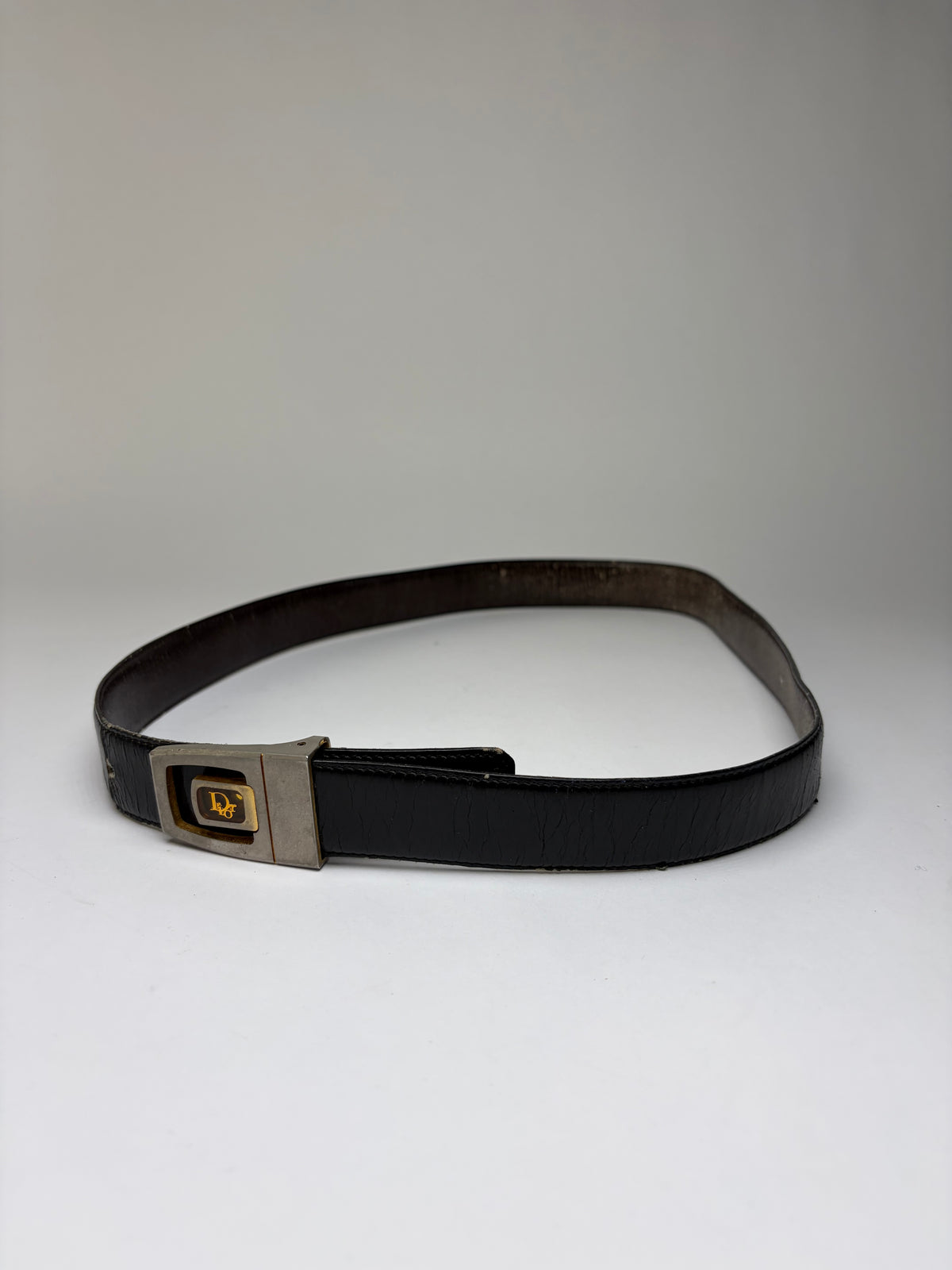 Vintage Dior Leather Belt c. Late 1970s Black Gold Silver