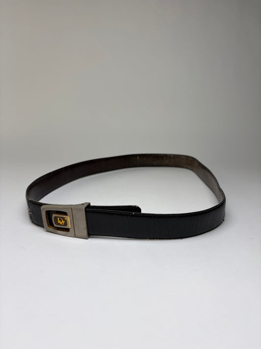 Vintage Dior Leather Belt c. Late 1970s Black Gold Silver