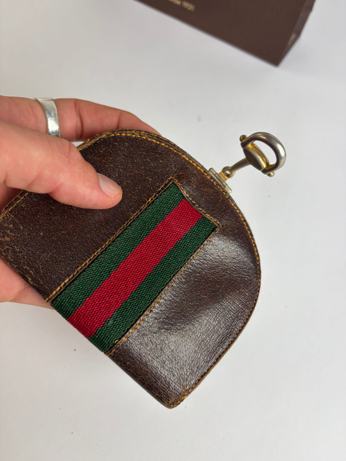 Vintage Gucci Web Stripe Leather Coin Purse Brown Gold