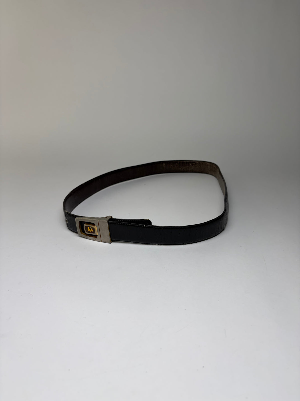 Vintage Dior Leather Belt c. Late 1970s Black Gold Silver