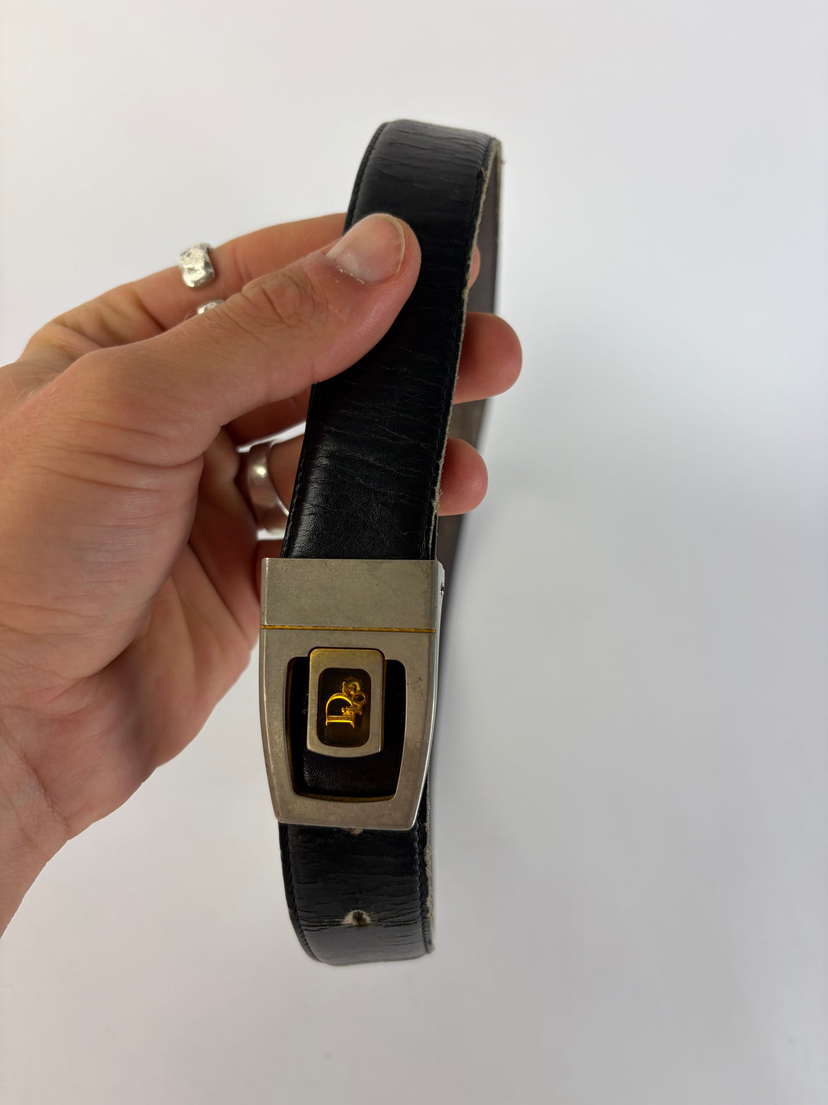 Vintage Dior Leather Belt c. Late 1970s Black Gold Silver