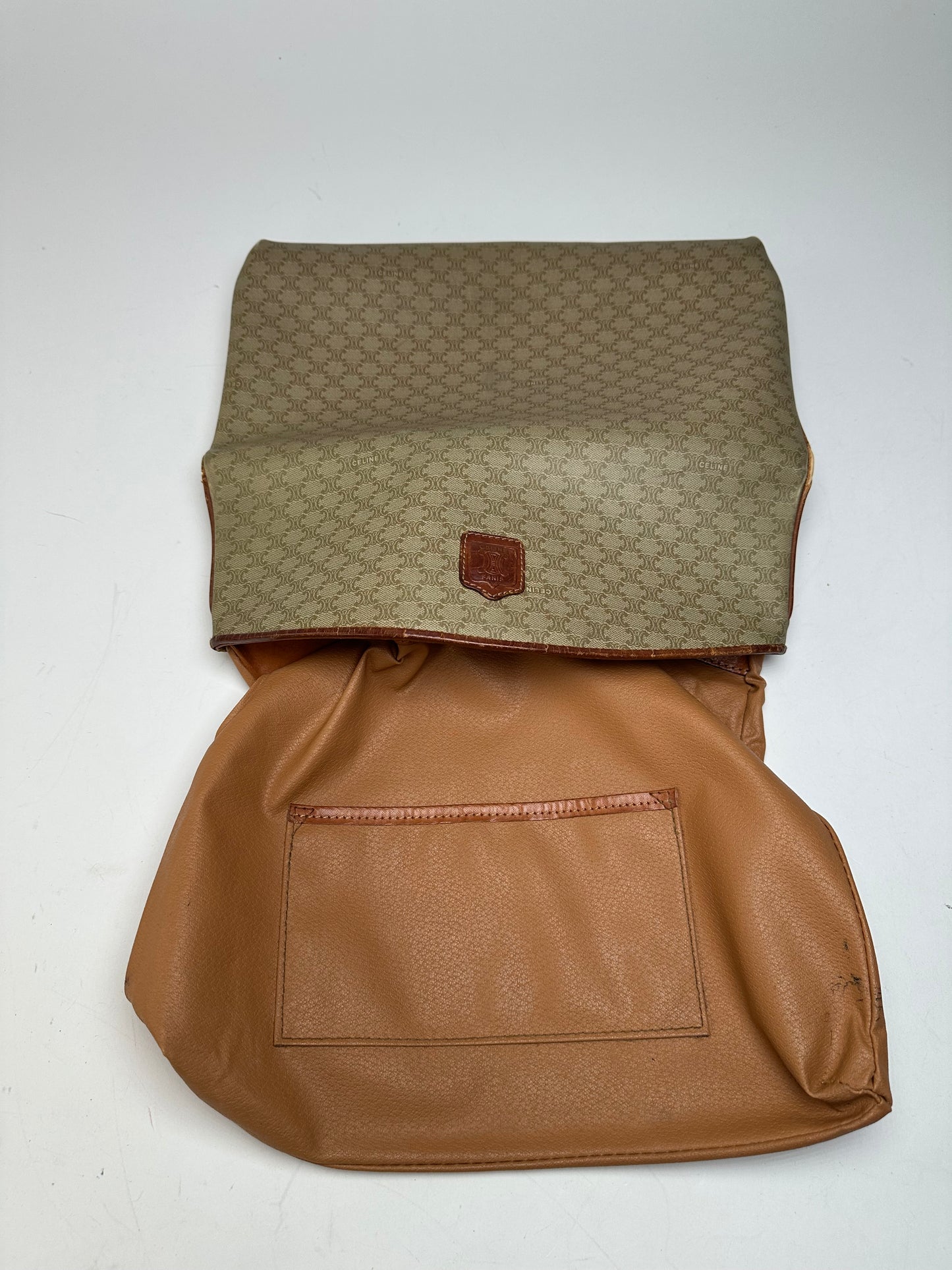 Vintage Celine Triomphe Monogram Leather Clutch Beige Brown