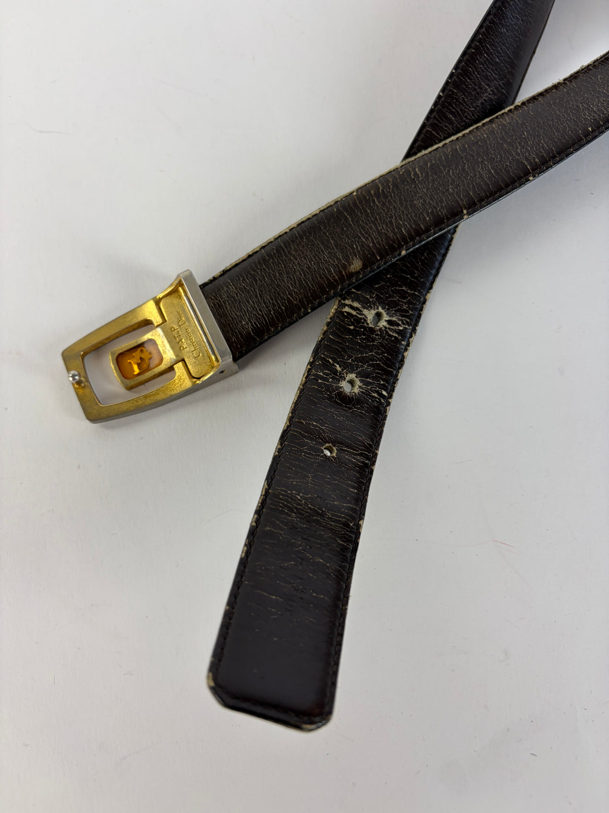 Vintage Dior Leather Belt c. Late 1970s Black Gold Silver