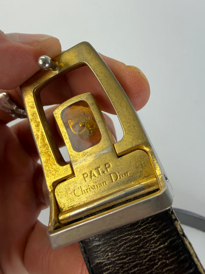 Vintage Dior Leather Belt c. Late 1970s Black Gold Silver
