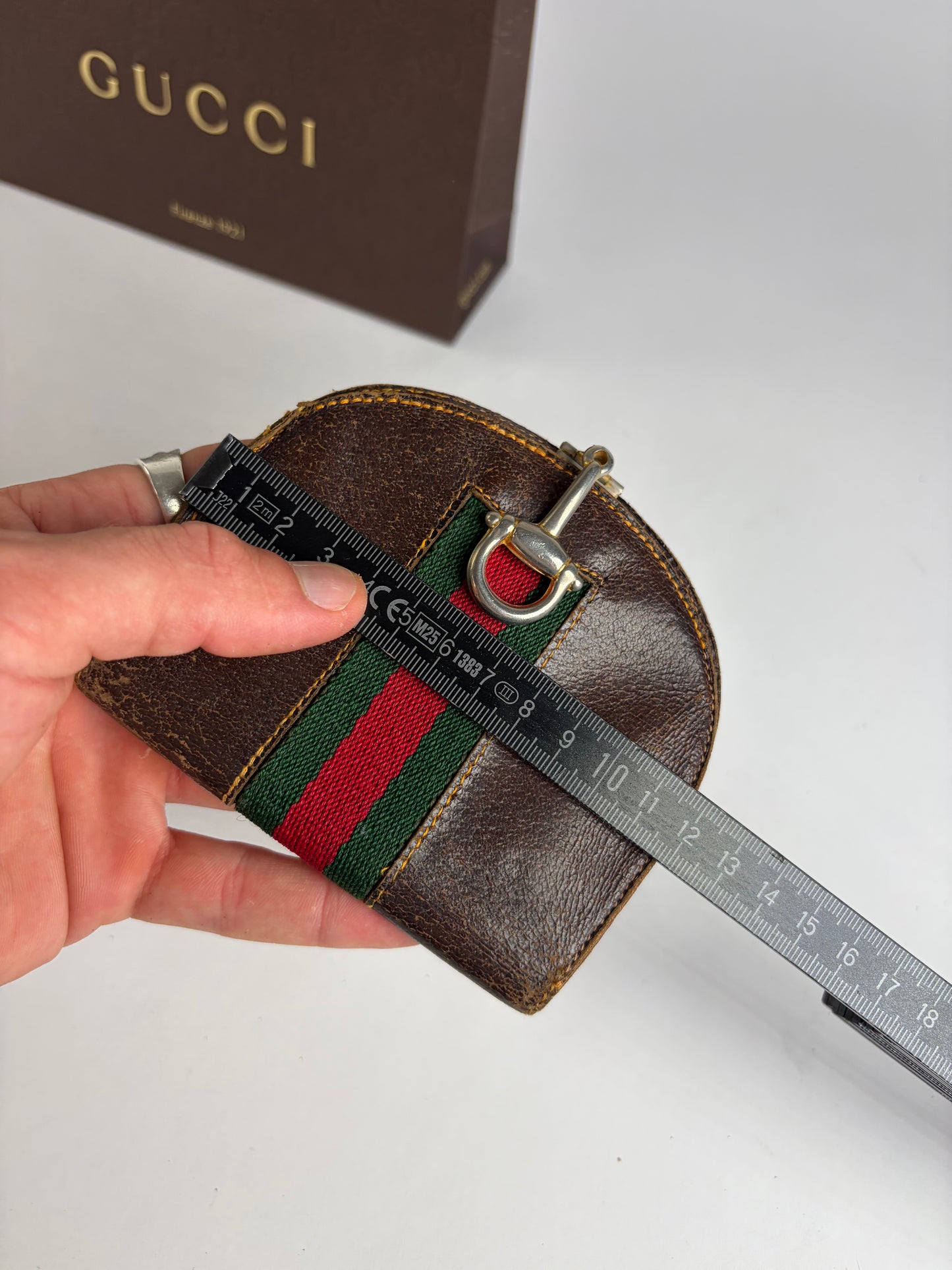Vintage Gucci Web Stripe Leather Coin Purse Brown Gold