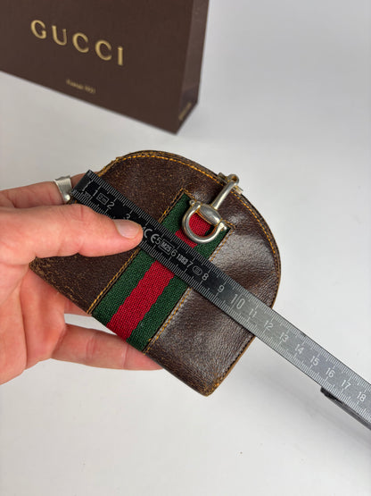 Vintage Gucci Web Stripe Leather Coin Purse Brown Gold
