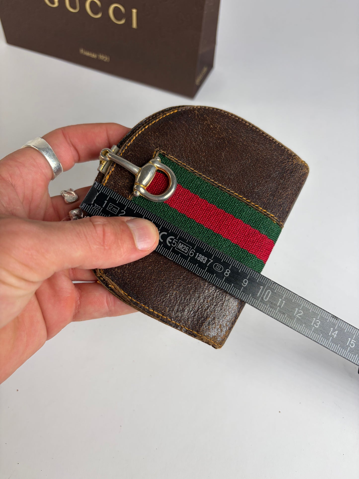 Vintage Gucci Web Stripe Leather Coin Purse Brown Gold