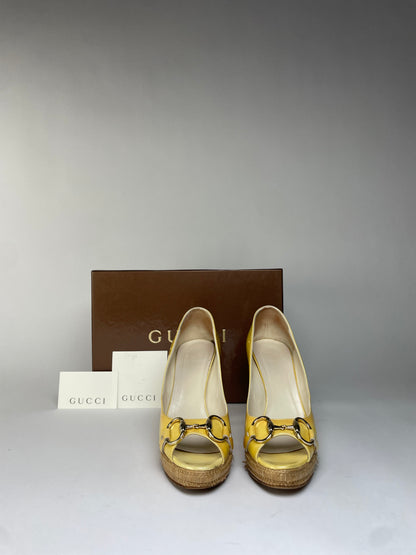 Vintage Gucci Patent Peep-Toe Platform Pumps c. Late 2000s Yellow EU36.5