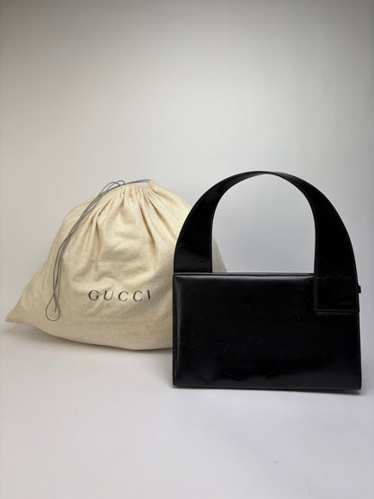 Vintage Gucci Structured Leather Top-Handle Bag Black Silver