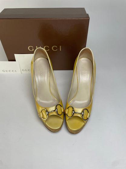 Vintage Gucci Patent Peep-Toe Platform Pumps c. Late 2000s Yellow EU36.5