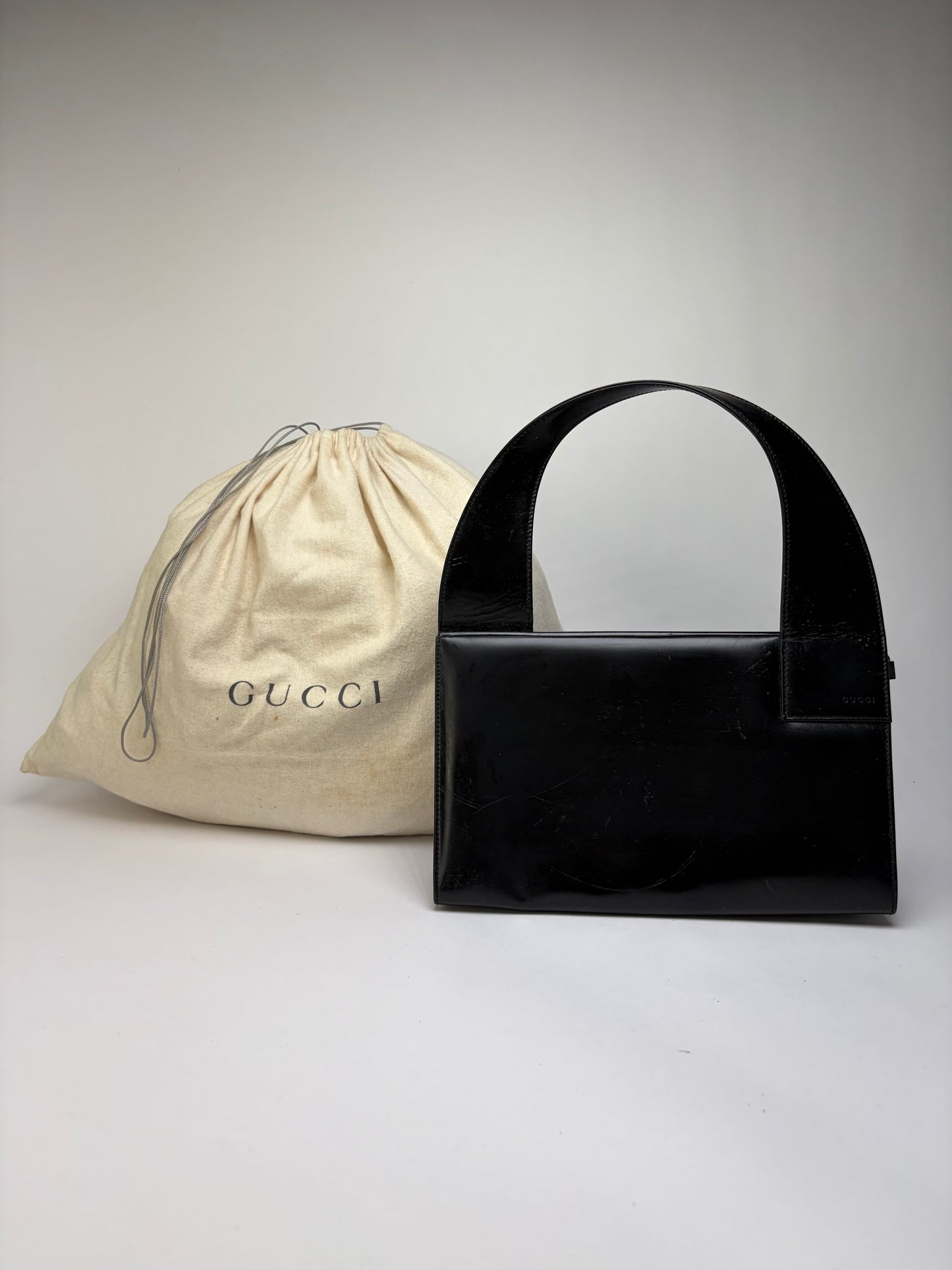 Vintage Gucci Structured Leather Top-Handle Bag Black Silver