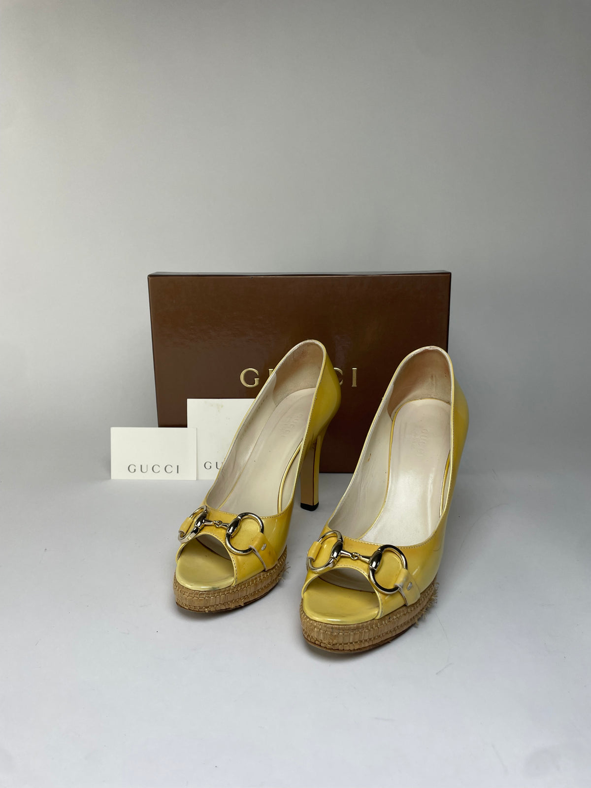Vintage Gucci Patent Peep-Toe Platform Pumps c. Late 2000s Yellow EU36.5