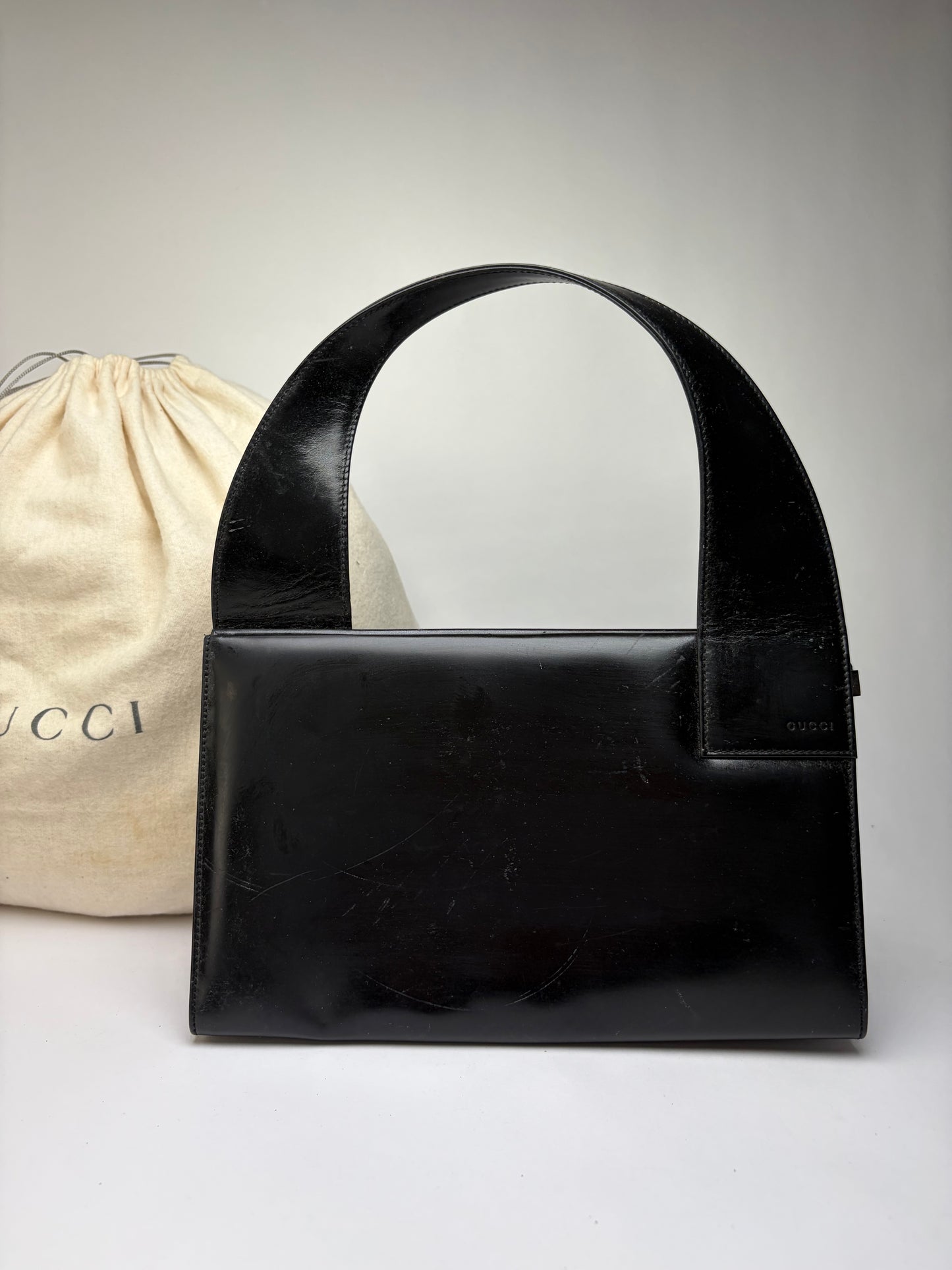Vintage Gucci Structured Leather Top-Handle Bag Black Silver