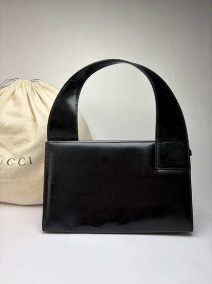 Vintage Gucci Structured Leather Top-Handle Bag Black Silver