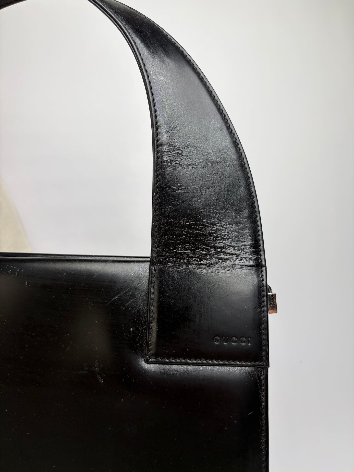 Vintage Gucci Structured Leather Top-Handle Bag Black Silver
