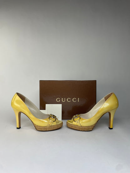 Vintage Gucci Patent Peep-Toe Platform Pumps c. Late 2000s Yellow EU36.5
