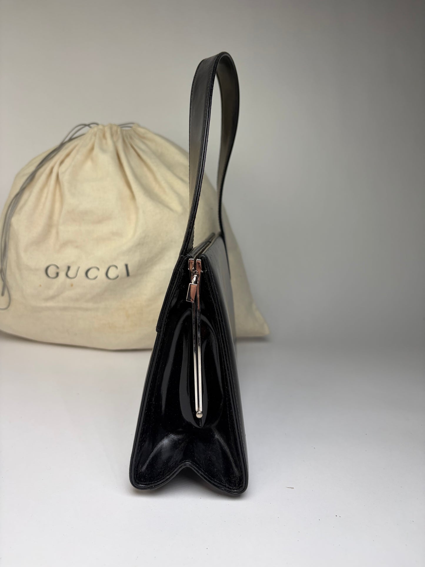 Vintage Gucci Structured Leather Top-Handle Bag Black Silver