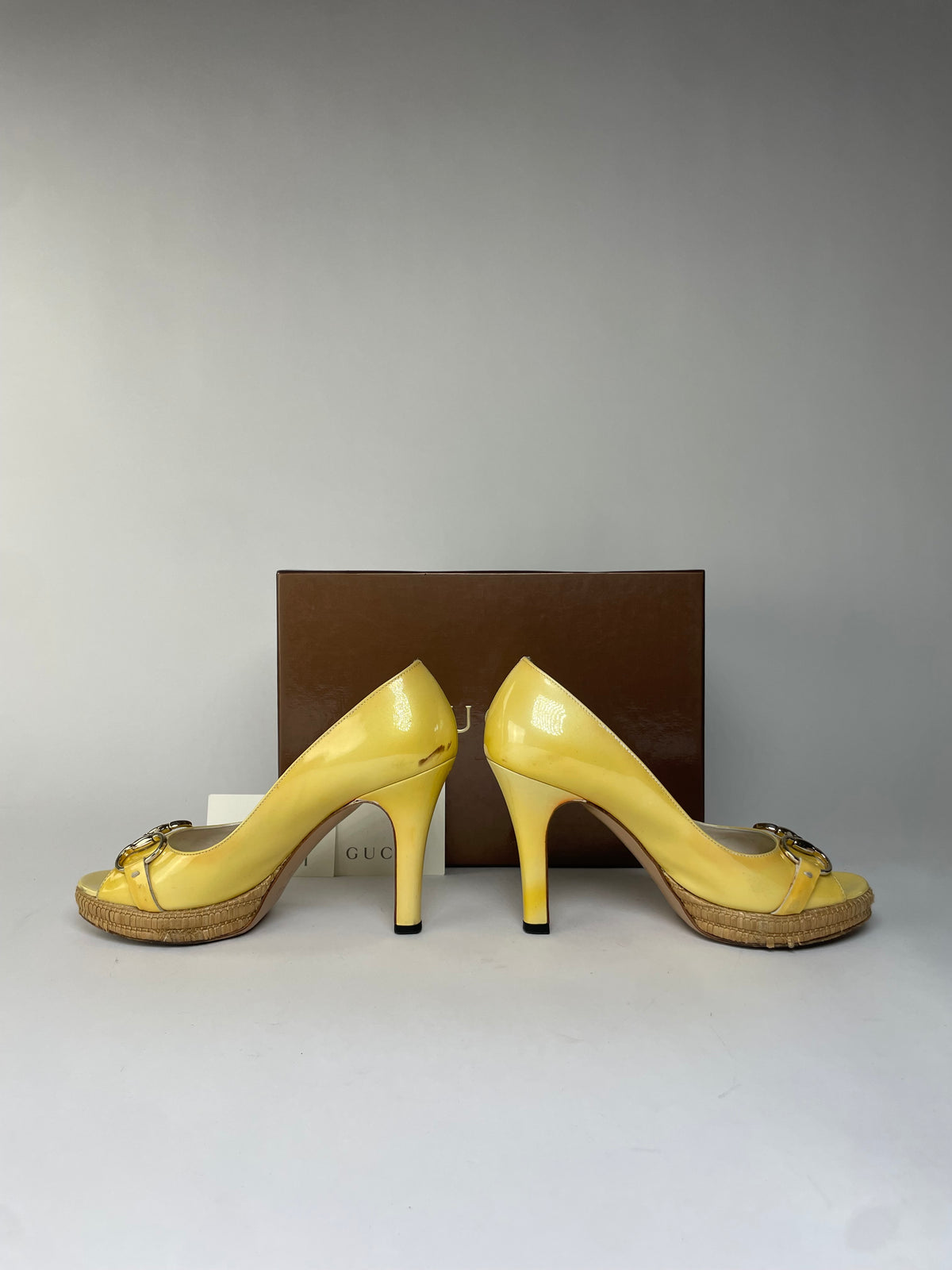 Vintage Gucci Patent Peep-Toe Platform Pumps c. Late 2000s Yellow EU36.5