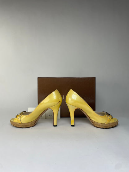 Vintage Gucci Patent Peep-Toe Platform Pumps c. Late 2000s Yellow EU36.5