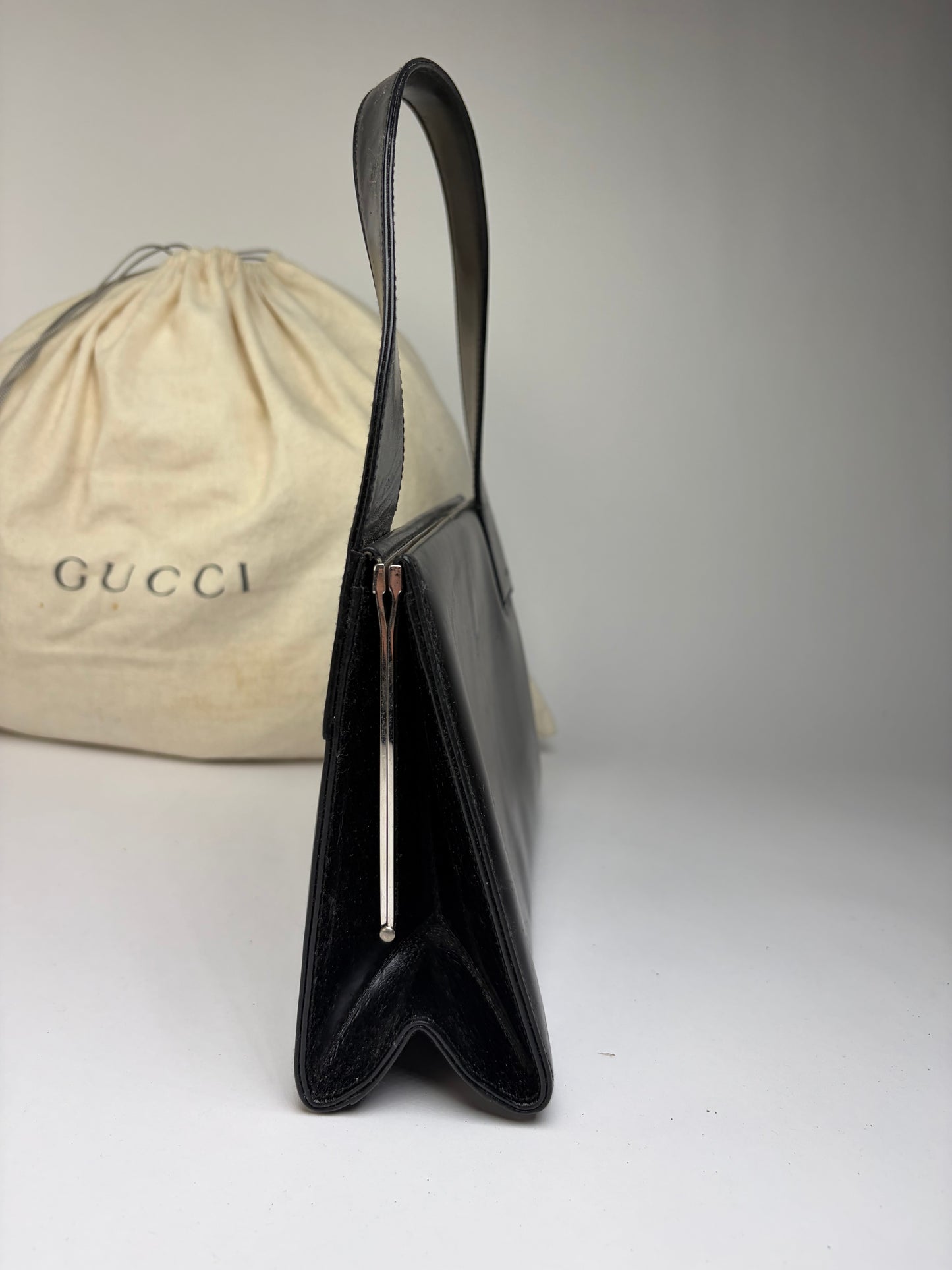 Vintage Gucci Structured Leather Top-Handle Bag Black Silver