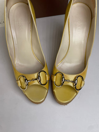 Vintage Gucci Patent Peep-Toe Platform Pumps c. Late 2000s Yellow EU36.5