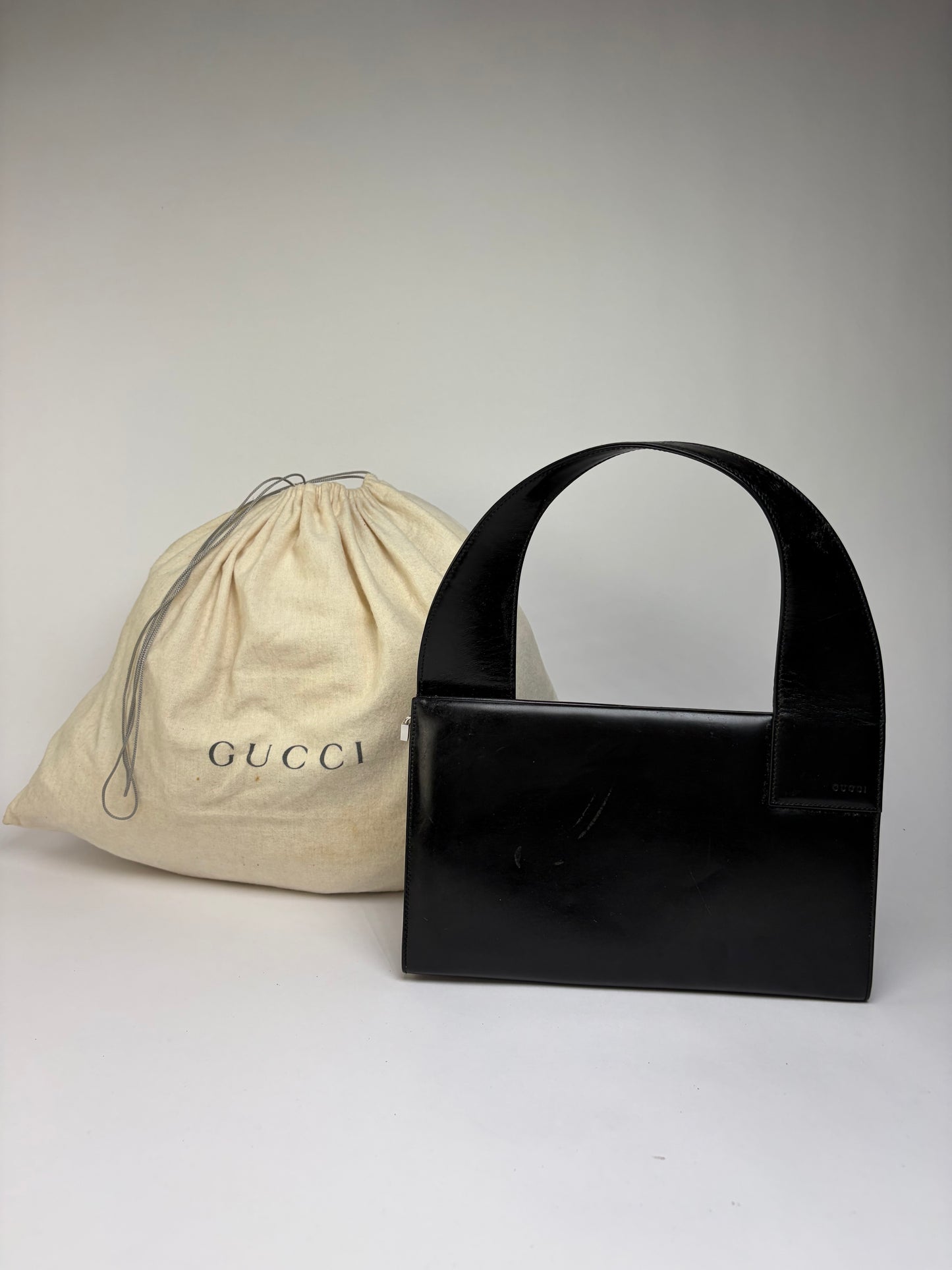 Vintage Gucci Structured Leather Top-Handle Bag Black Silver