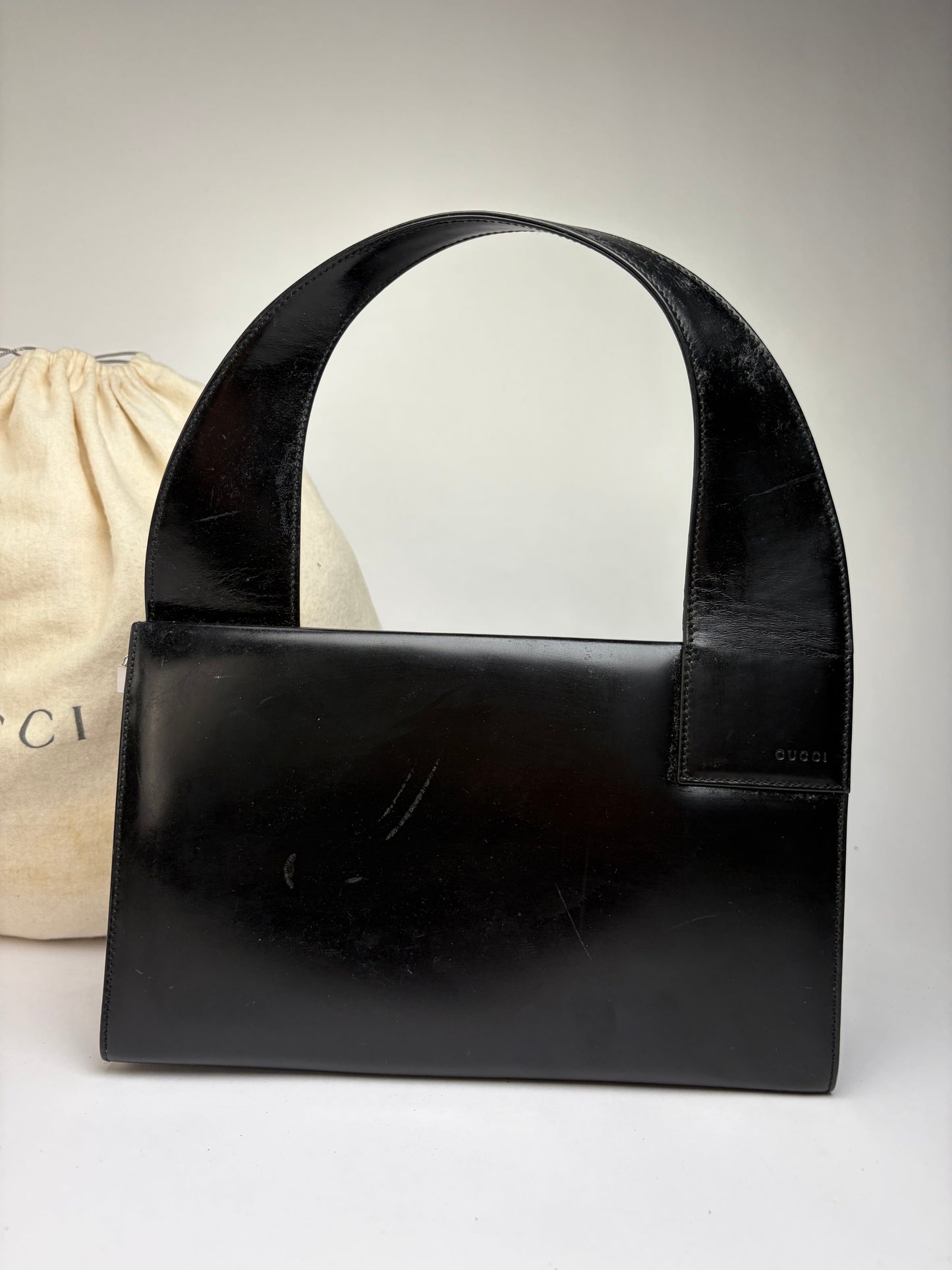 Vintage Gucci Structured Leather Top-Handle Bag Black Silver