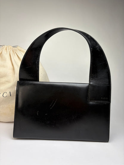Vintage Gucci Structured Leather Top-Handle Bag Black Silver