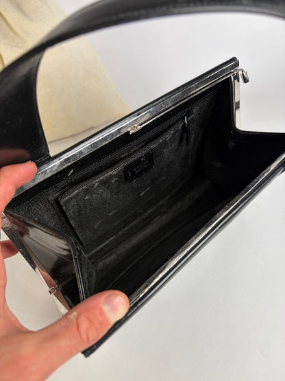 Vintage Gucci Structured Leather Top-Handle Bag Black Silver