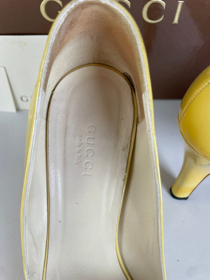 Vintage Gucci Patent Peep-Toe Platform Pumps c. Late 2000s Yellow EU36.5