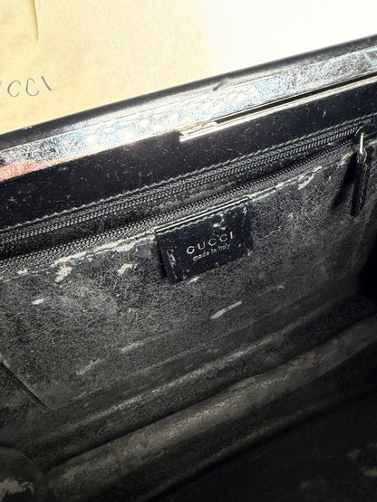 Vintage Gucci Structured Leather Top-Handle Bag Black Silver