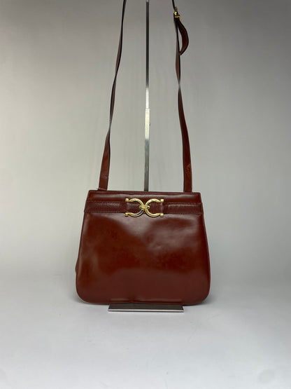 Vintage Salvatore Ferragamo Gancini Flap Crossbody Bag Late 1980s Rust Brown