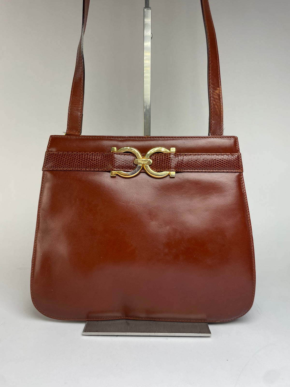 Vintage Salvatore Ferragamo Gancini Flap Crossbody Bag Late 1980s Rust Brown
