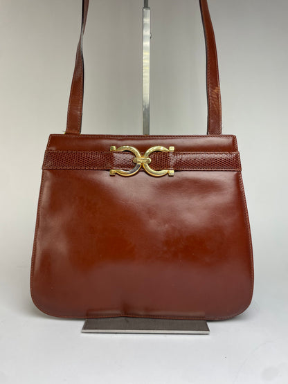 Vintage Salvatore Ferragamo Gancini Flap Crossbody Bag Late 1980s Rust Brown