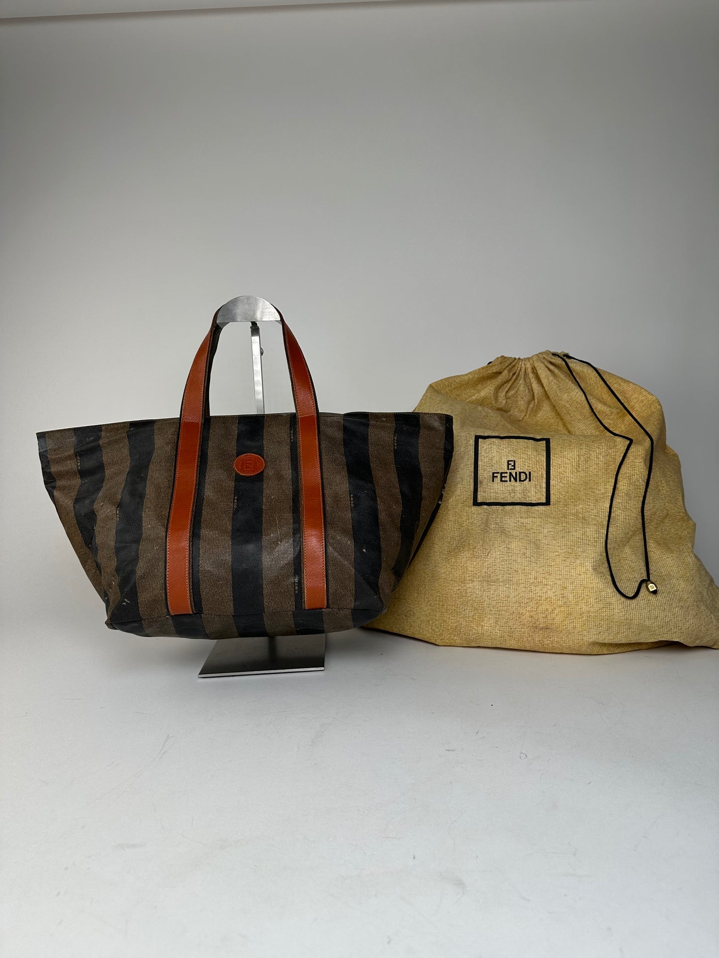 Vintage Fendi Striped Leather Handbag Orange Brown