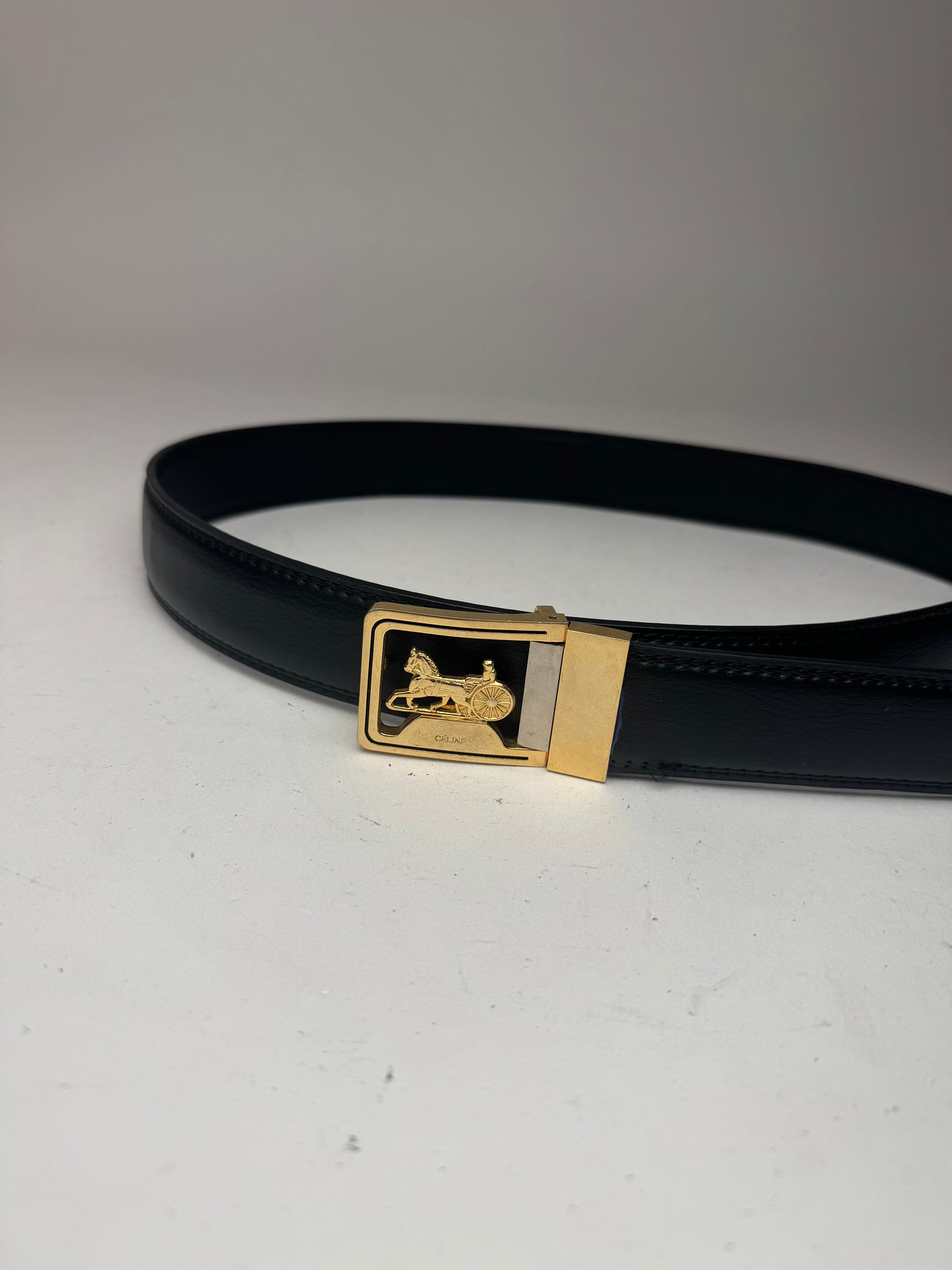 Vintage Celine Carriage Logo Leather belt black