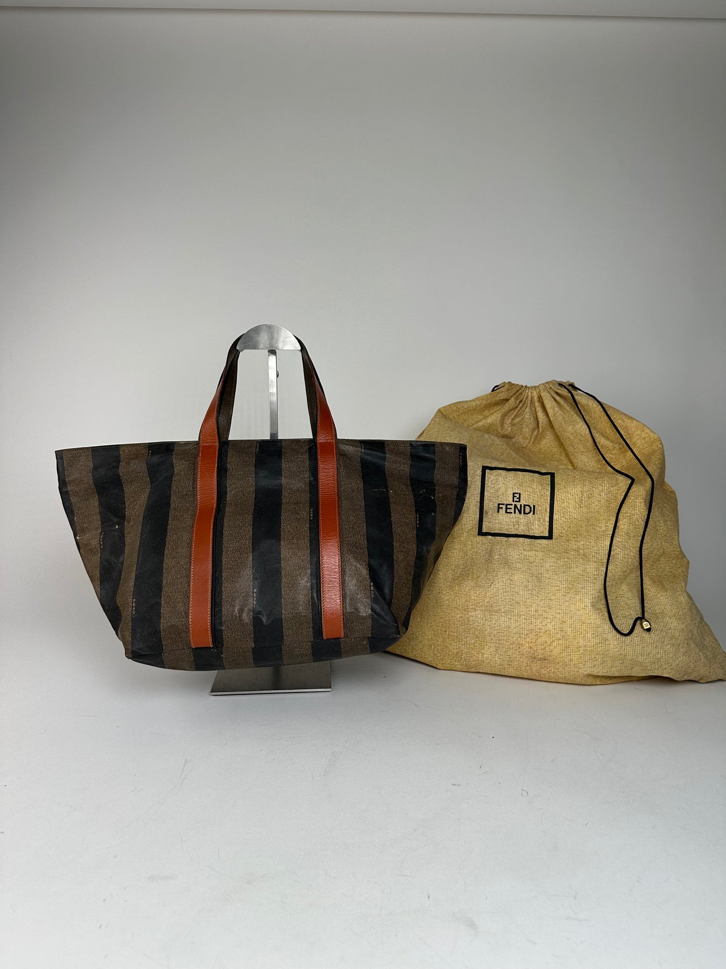 Vintage Fendi Striped Leather Handbag Orange Brown