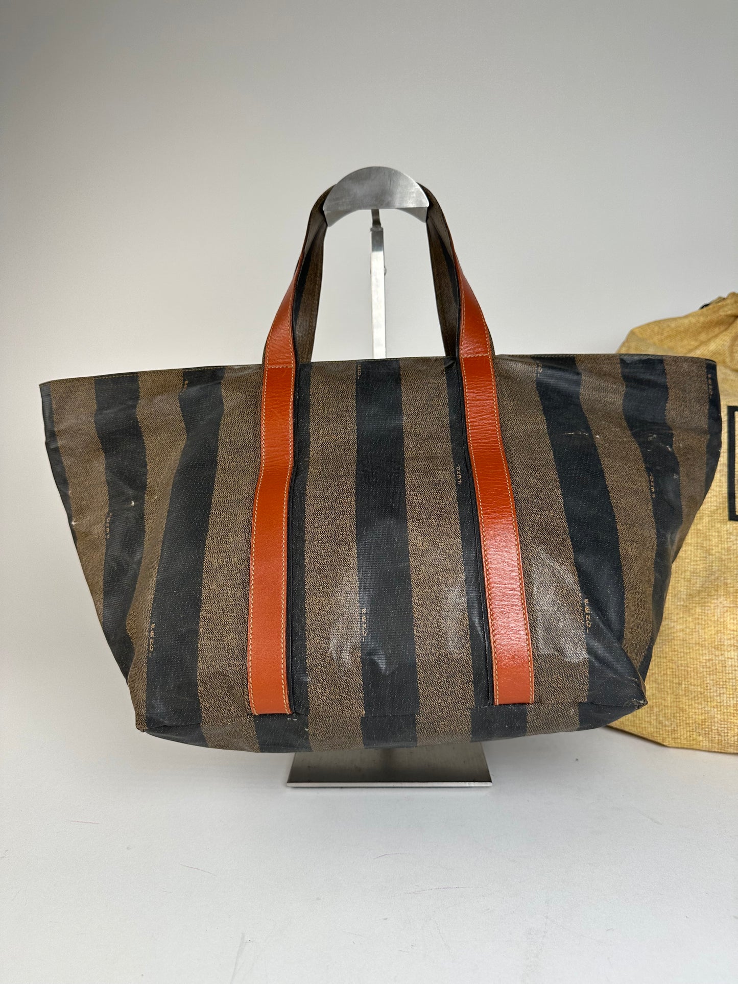Vintage Fendi Striped Leather Handbag Orange Brown