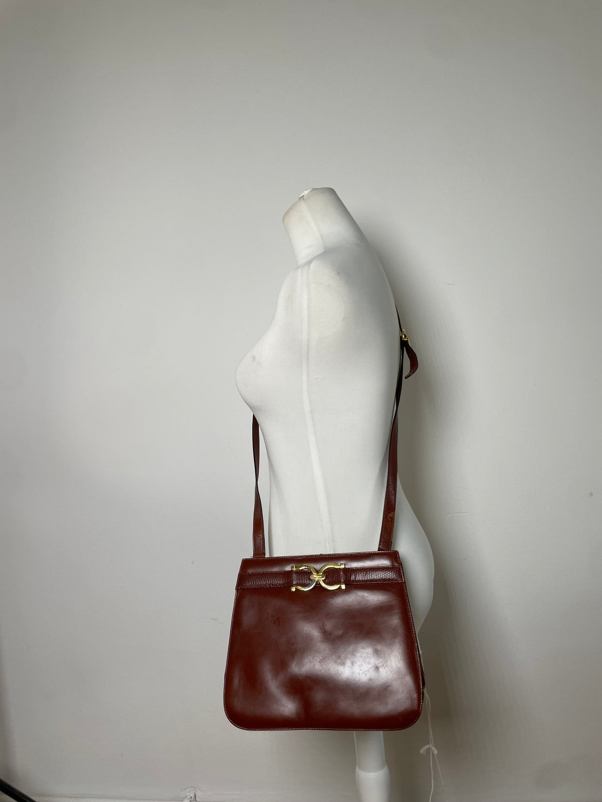 Vintage Salvatore Ferragamo Gancini Flap Crossbody Bag Late 1980s Rust Brown