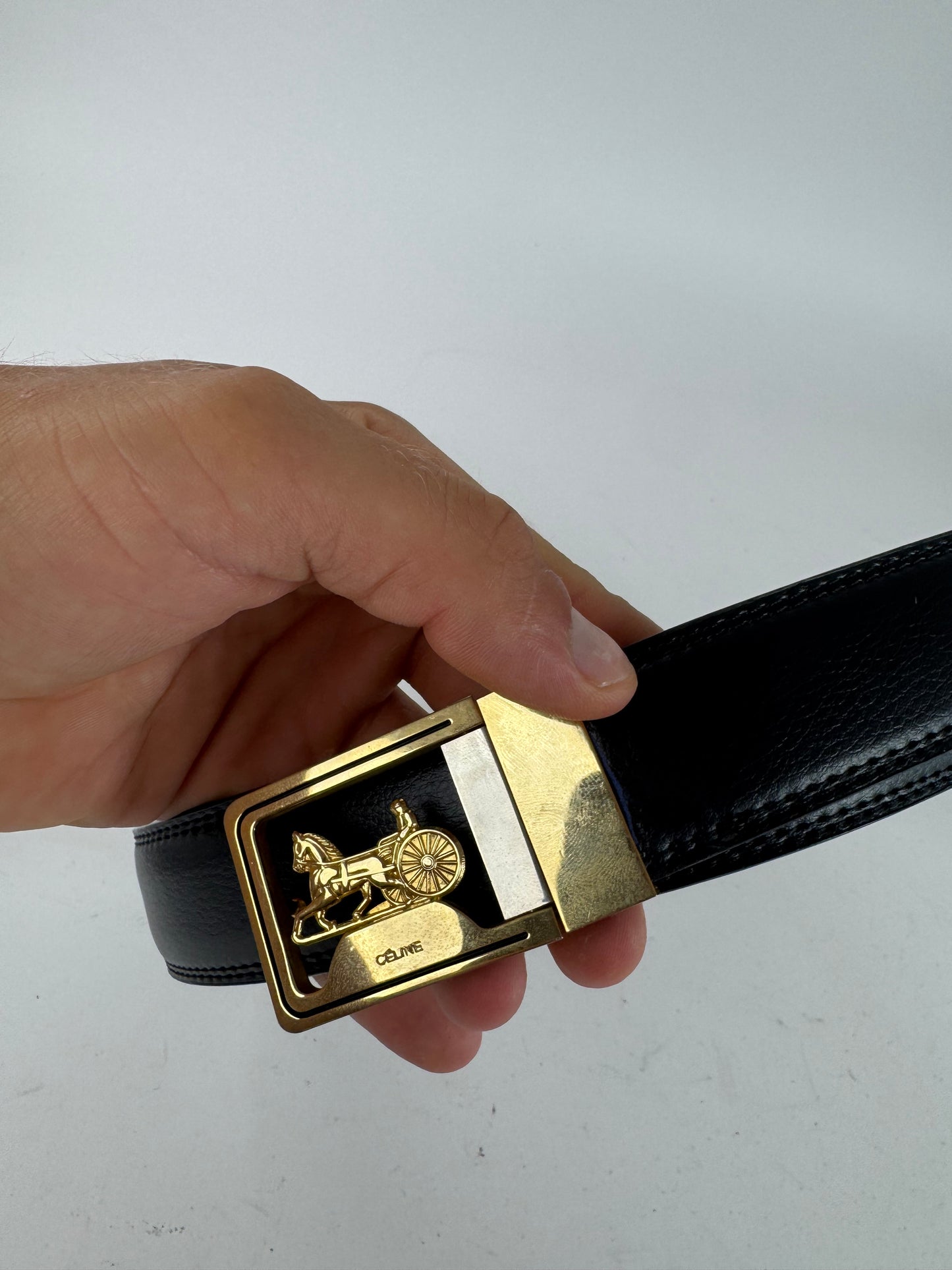 Vintage Celine Carriage Logo Leather belt black