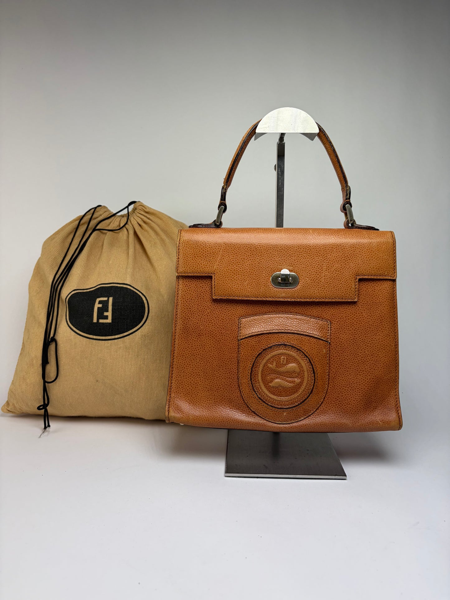 Vintage Fendi Textured Leather Top-Handle Bag Brown Gold