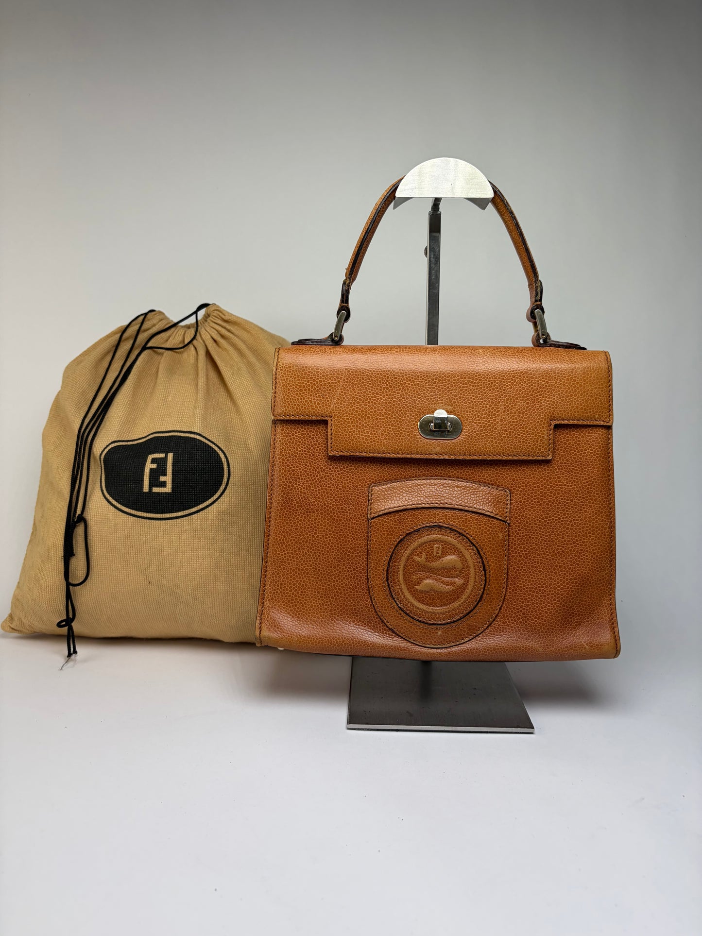 Vintage Fendi Textured Leather Top-Handle Bag Brown Gold