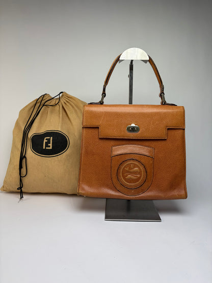Vintage Fendi Textured Leather Top-Handle Bag Brown Gold