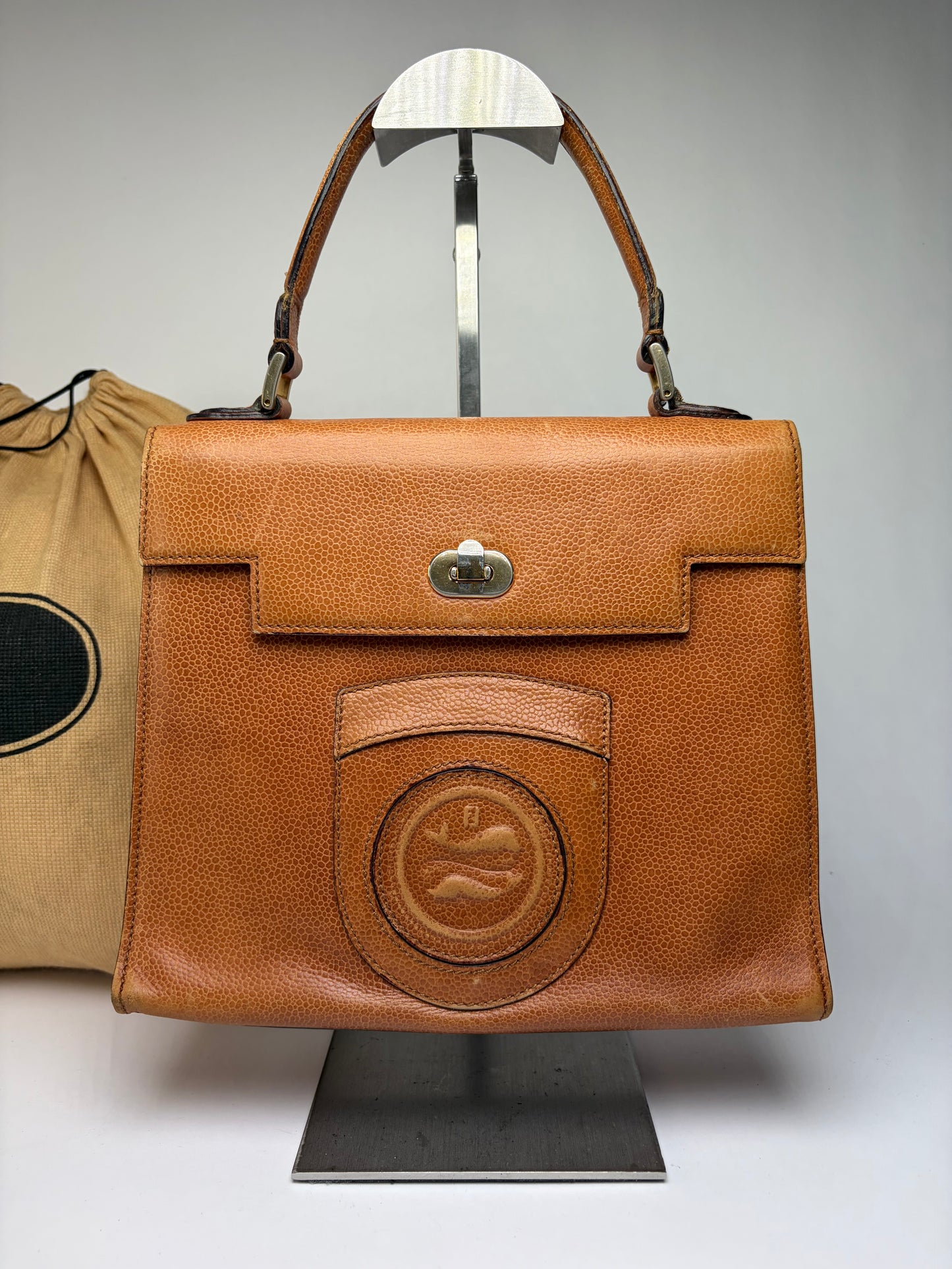 Vintage Fendi Textured Leather Top-Handle Bag Brown Gold