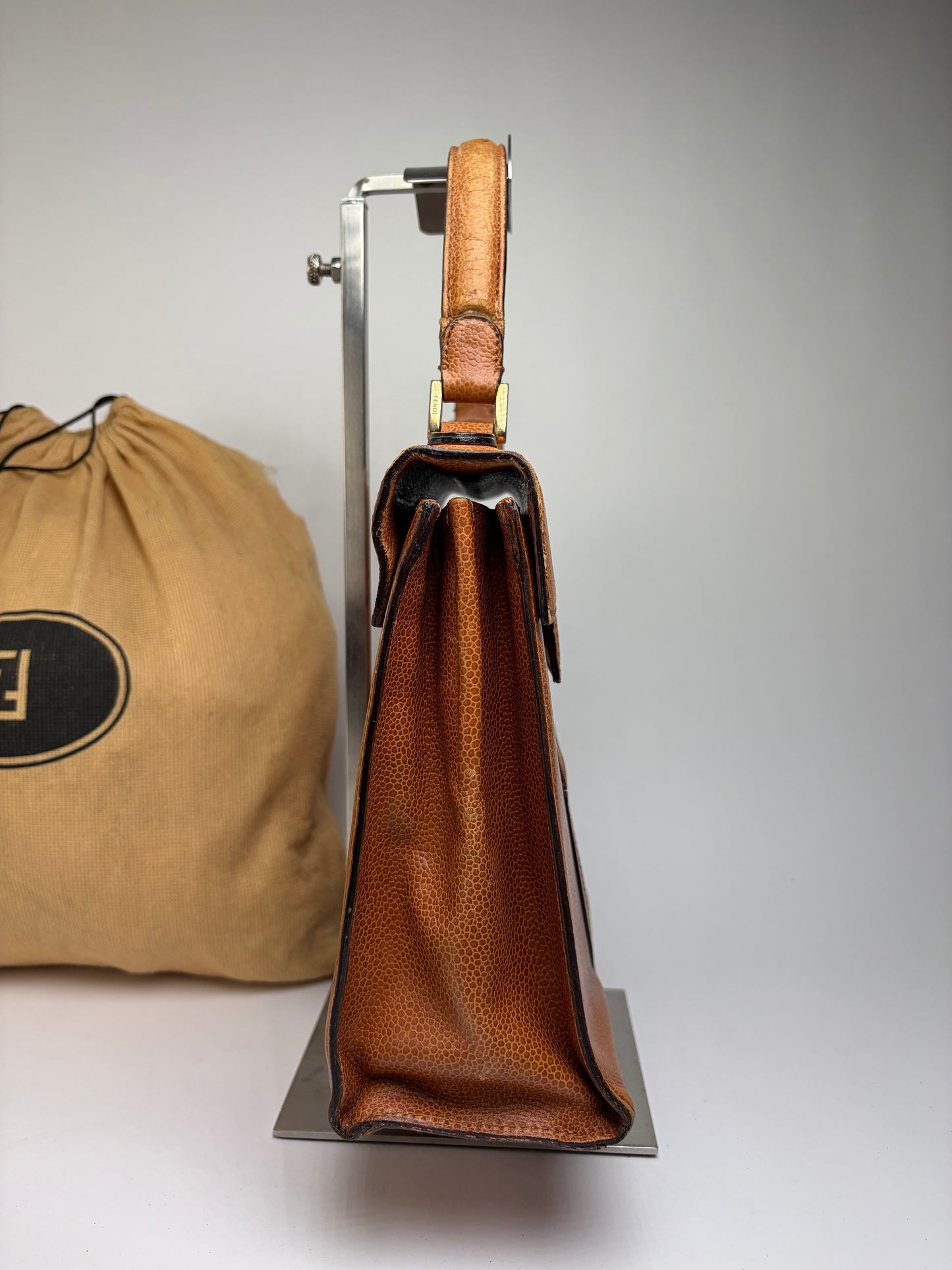 Vintage Fendi Textured Leather Top-Handle Bag Brown Gold