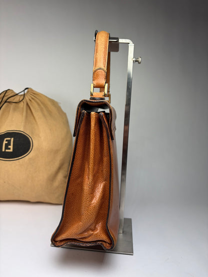 Vintage Fendi Textured Leather Top-Handle Bag Brown Gold