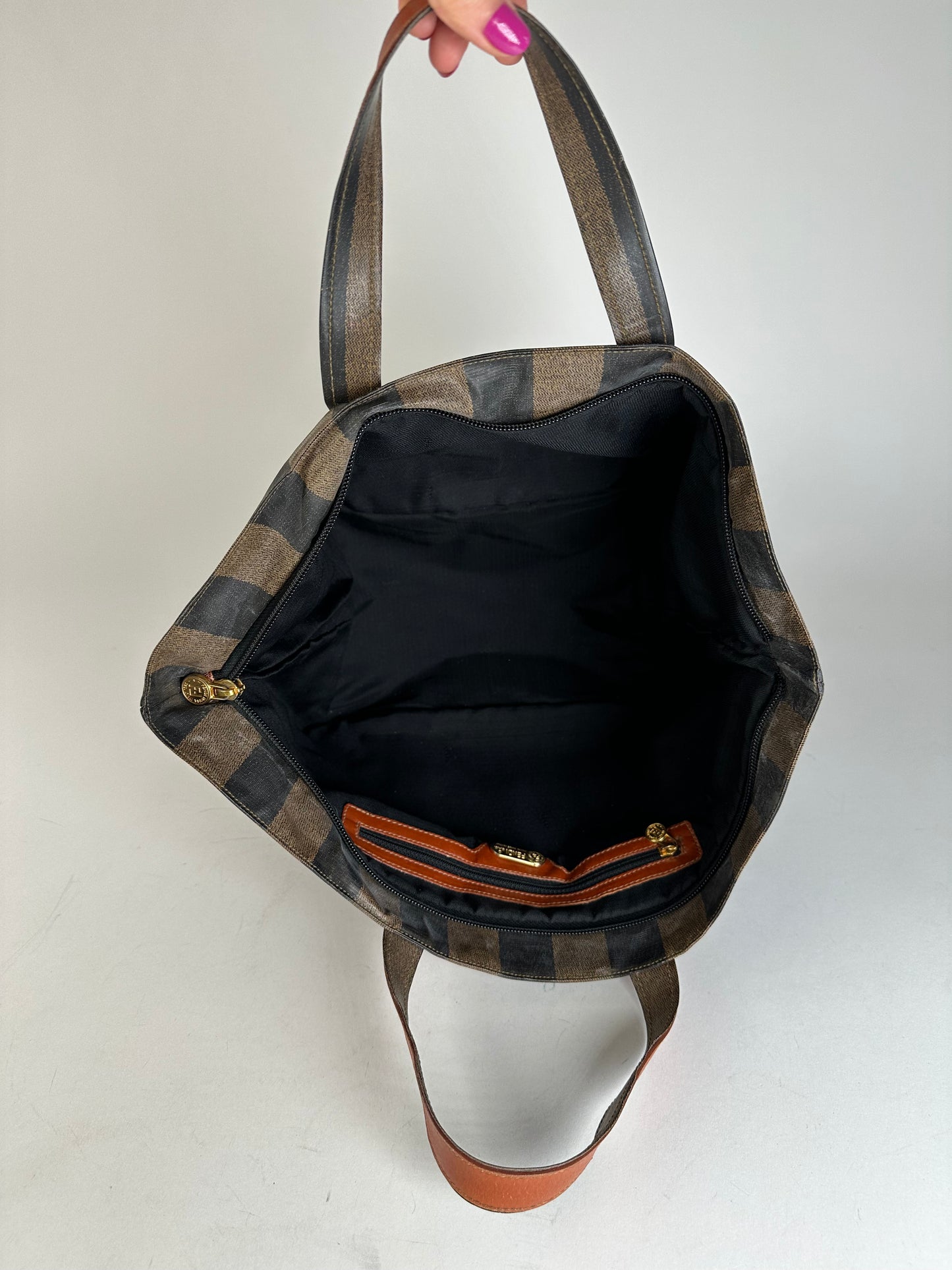 Vintage Fendi Striped Leather Handbag Orange Brown