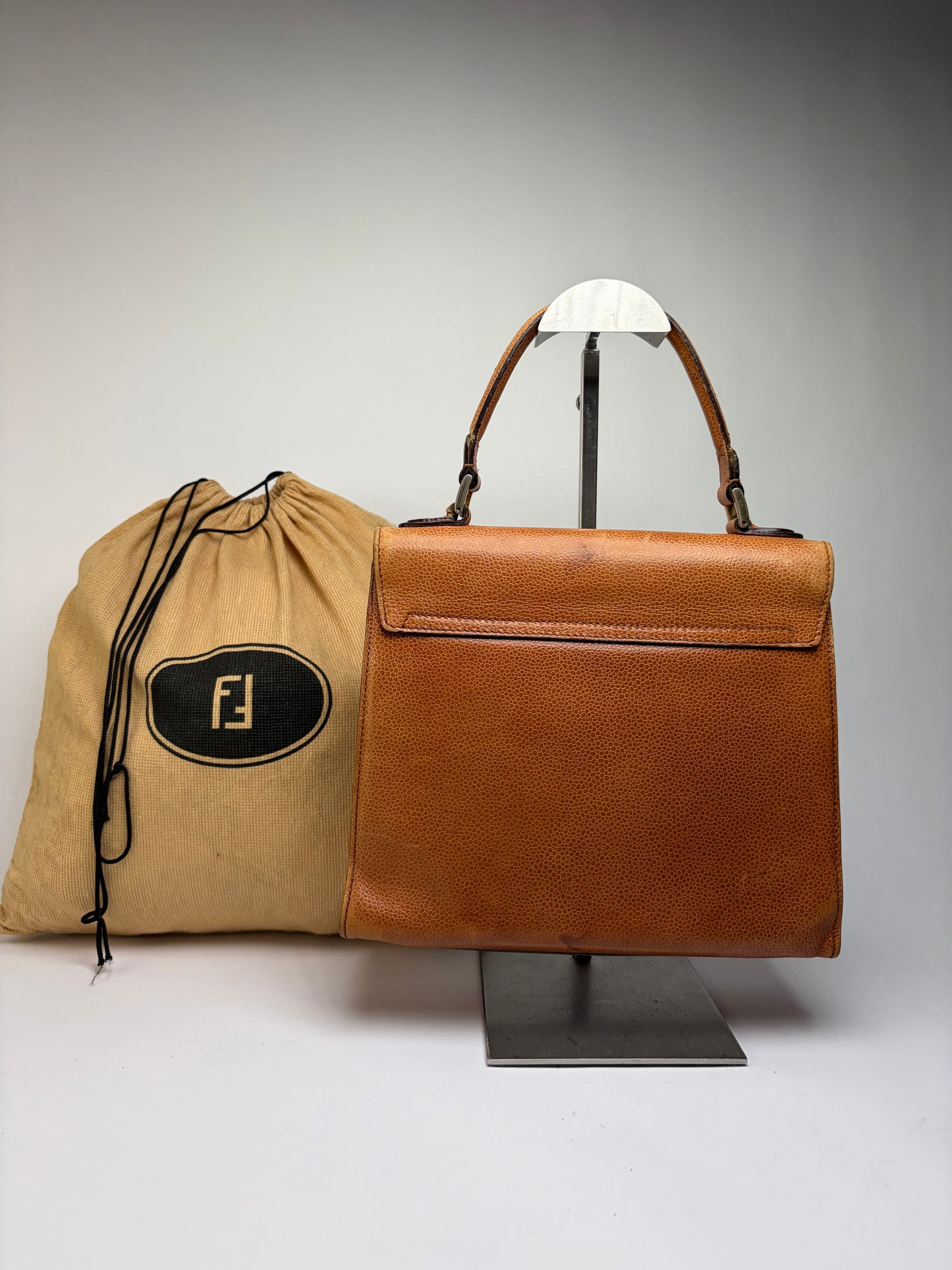 Vintage Fendi Textured Leather Top-Handle Bag Brown Gold