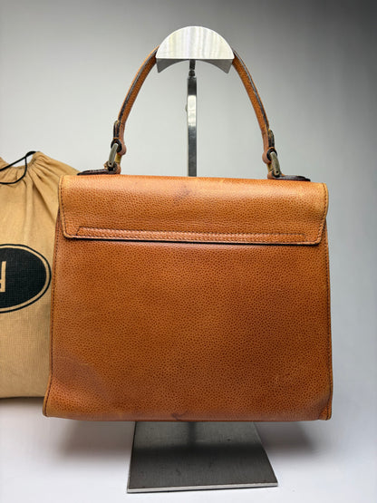 Vintage Fendi Textured Leather Top-Handle Bag Brown Gold