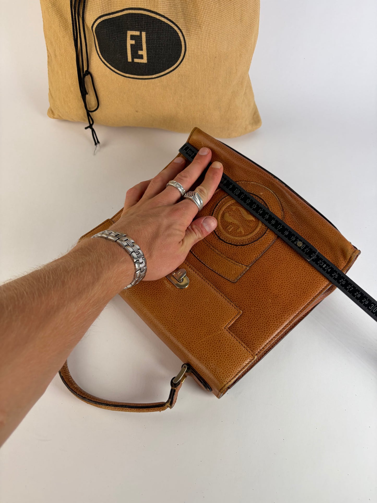 Vintage Fendi Textured Leather Top-Handle Bag Brown Gold